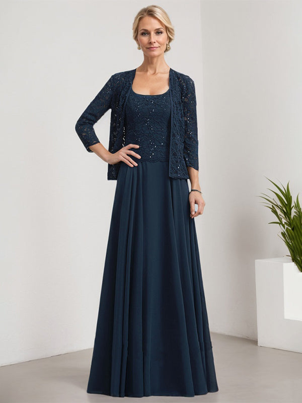 Vestido de corte A, cuadrado, largo hasta el suelo, de encaje y gasa con lentejuelas para la madre de la novia 