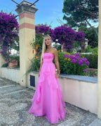 Vestido de fiesta de organza rosa claro, corte en A, sin tirantes