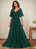 Vestido de corte A, escote en V, largo hasta el suelo, de gasa, para la madre de la novia, con apliques de lentejuelas y encaje plisado. 