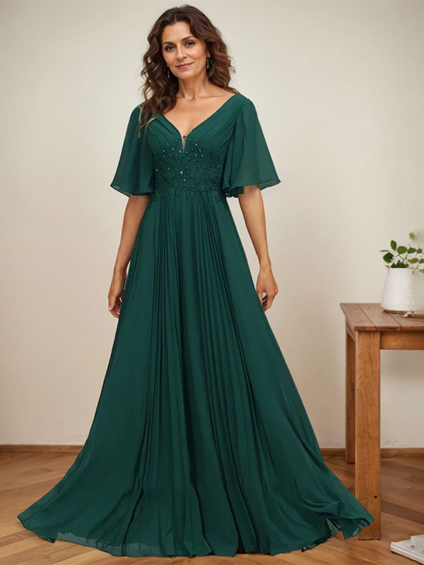 Vestido de corte A, escote en V, largo hasta el suelo, de gasa, para la madre de la novia, con apliques de lentejuelas y encaje plisado. 