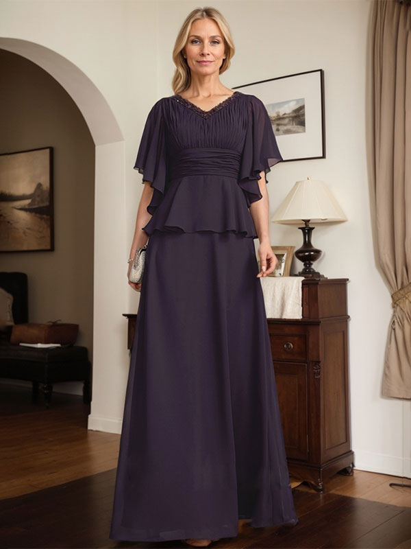 Vestido de gasa de corte A, escote en V, largo hasta el suelo, para la madre de la novia, con plisados ​​y cuentas.