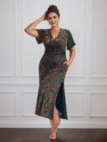 Robe vintage unie en velours, col V, manches courtes, longueur thé, idéale pour la mère de la mariée, avec fente. 