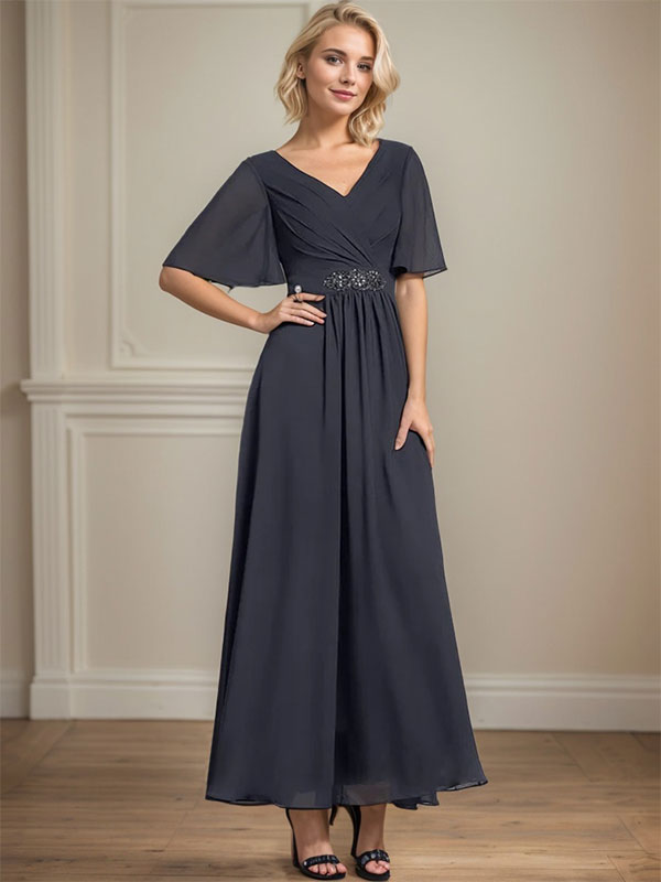 Robe de mère de la mariée en mousseline de soie, coupe trapèze, col en V, longueur cheville, ornée de sequins et de perles plissées