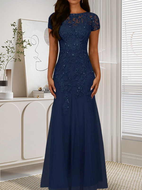 Robe sirène bleu marine foncé à sequins et tulle, décolleté rond, robe en tulle bleu marine foncé