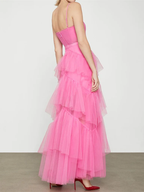 Elegantes vestidos largos de fiesta de tul rosa fucsia con espalda descubierta y capas, vestidos de noche formales de graduación de tul rosa fucsia Y2114