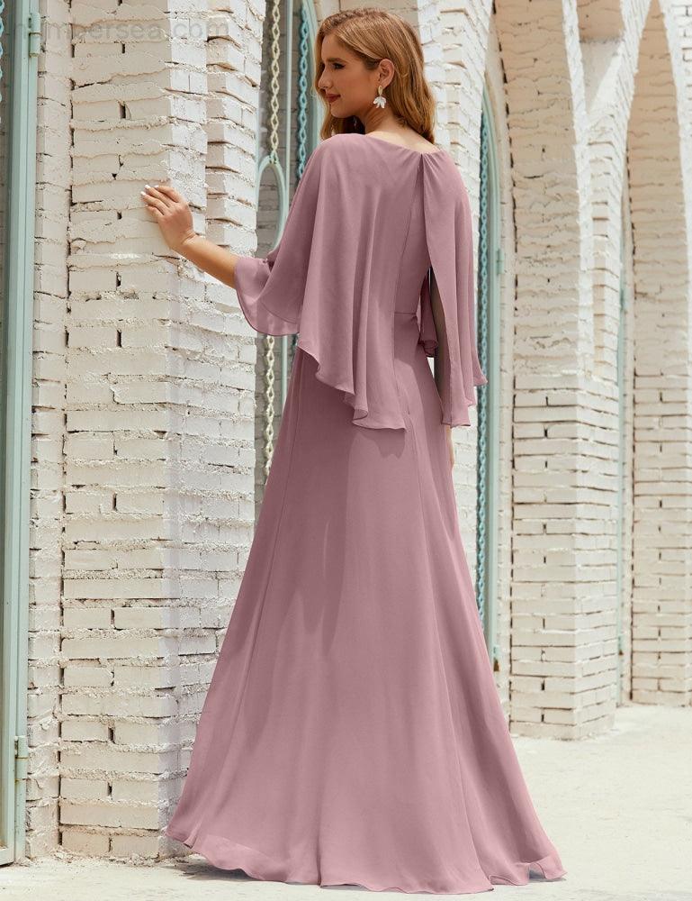 Vestido de dama de honor Sunderly para mujer, manga larga, cuello en V, de gasa, vestido formal de fiesta de boda SY28018