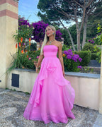 Vestido de fiesta de organza rosa claro, corte en A, sin tirantes