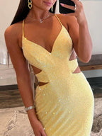 Glint | Robes de bal longues sirène à sequins jaunes et col en V scintillants