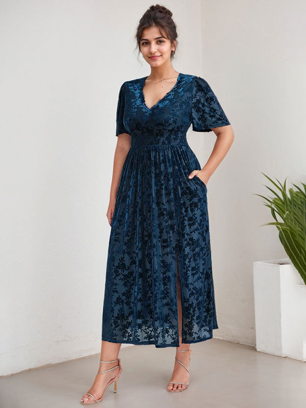 Vestido de talla grande para la madre de la novia, corte en A, escote en V, terciopelo, largo hasta la rodilla. 