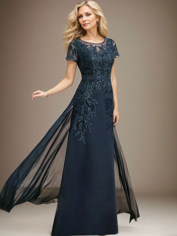 Vestido de novia de corte recto/columna, escote redondo, ilusión, largo hasta el suelo, de encaje y gasa con lentejuelas.