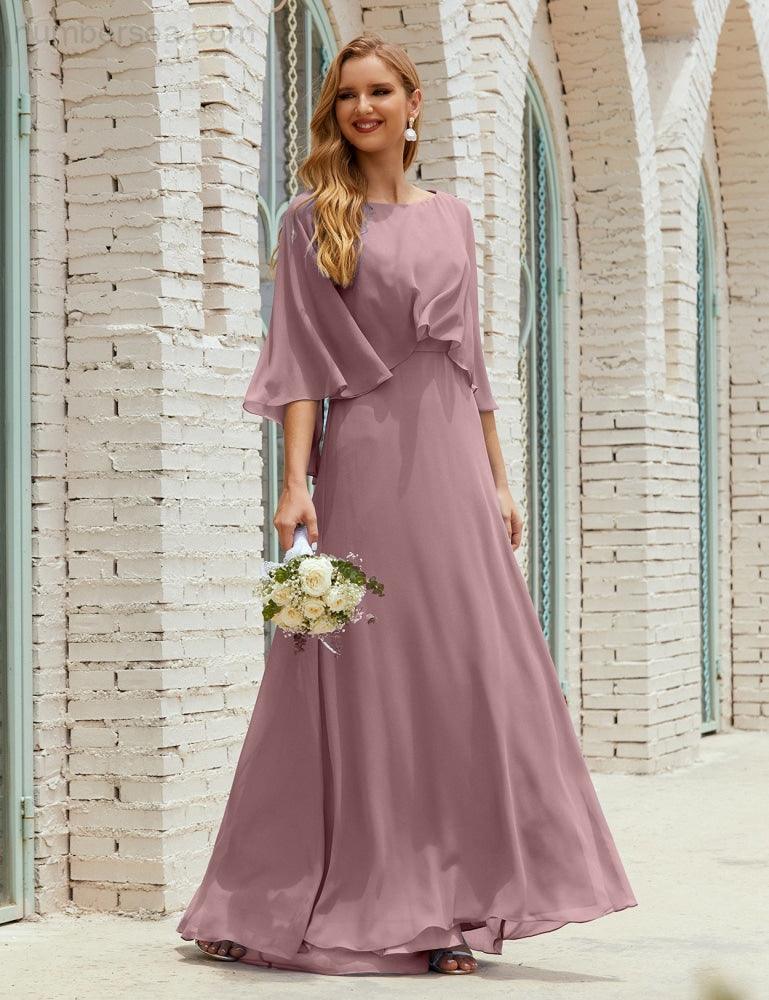Vestido de dama de honor Sunderly para mujer, manga larga, cuello en V, de gasa, vestido formal de fiesta de boda SY28018