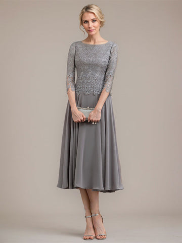 A-line Scoop Tea-Length Lace Chiffon Mother of the Bride Dress
