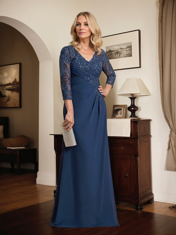 Vestido de novia de corte recto/columna, escote en V ilusión, largo hasta el suelo, de gasa de encaje con lentejuelas plisadas. 