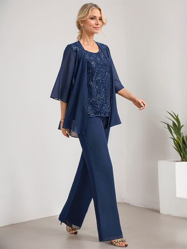 Vestido de novia de gasa con encaje y lentejuelas, estilo mono/pantalón, largo hasta el suelo, con escote redondo.