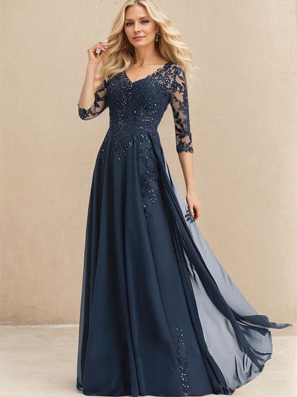 Vestido de novia de corte A, escote en V, largo hasta el suelo, de gasa de encaje con lentejuelas para la madre de la novia