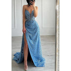 Superbe et charmante robe de bal scintillante sans manches à décolleté en V profond et fente latérale