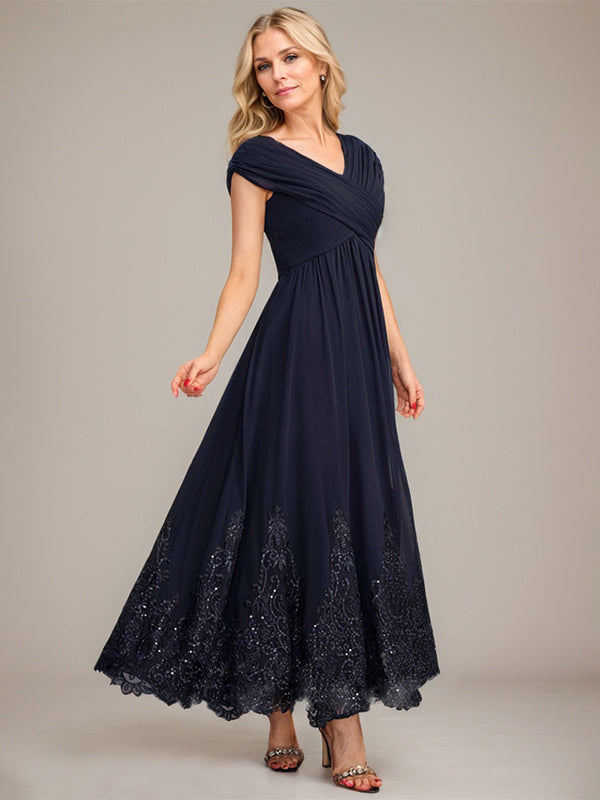 Vestido de gasa de corte evasé, escote en V, largo hasta el tobillo, para la madre de la novia, con apliques de lentejuelas. 