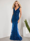 Vestido de sirena para la madre de la novia, corte sirena, escote en V, largo hasta el suelo, de gasa de encaje con apliques de lentejuelas. 