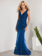 Vestido de sirena para la madre de la novia, corte sirena, escote en V, largo hasta el suelo, de gasa de encaje con apliques de lentejuelas. 