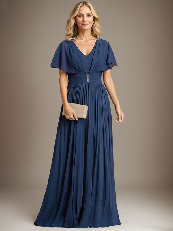 Vestido de gasa de corte A, escote en V, largo hasta el suelo, para la madre de la novia, con broche de cristal y pliegues. 