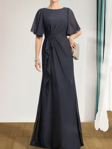 A-line Scoop Floor-Length Chiffon Mother of the Bride Dress With Cascading Ruffles Beading Sequins