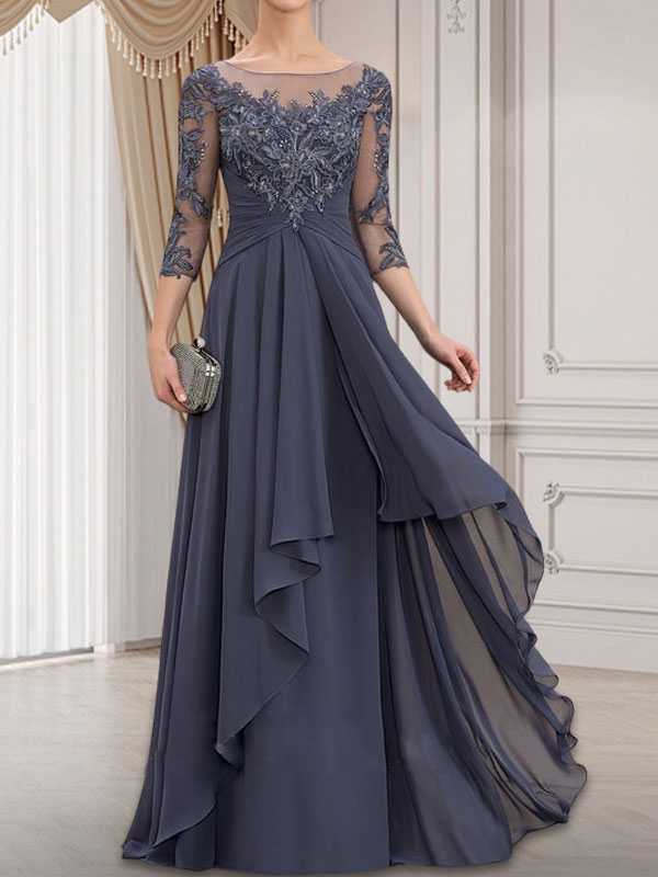 Robe de mariée en mousseline de dentelle, coupe trapèze, décolleté illusion, longueur au sol, avec volants cascade, idéale pour la mère de la mariée.