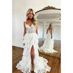 Vestido de fiesta largo de corte A con apliques de encaje y escote en forma de corazón y abertura