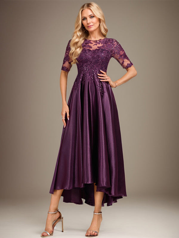 Robe de mère de la mariée asymétrique en satin stretch dentelle et dentelle, coupe trapèze, effet illusion, ornée de sequins 