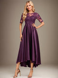 Robe de mère de la mariée asymétrique en satin stretch dentelle et dentelle, coupe trapèze, effet illusion, ornée de sequins 
