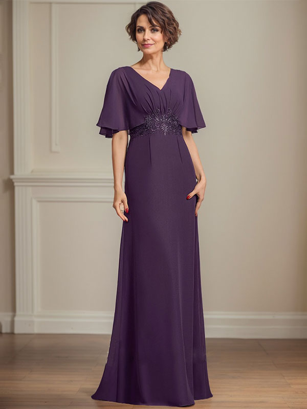 Vestido de corte A, escote en V, largo hasta el suelo, de gasa, para la madre de la novia, con apliques de lentejuelas plisadas y encaje.