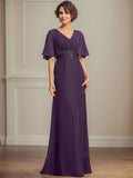 Vestido de corte A, escote en V, largo hasta el suelo, de gasa, para la madre de la novia, con apliques de lentejuelas plisadas y encaje.