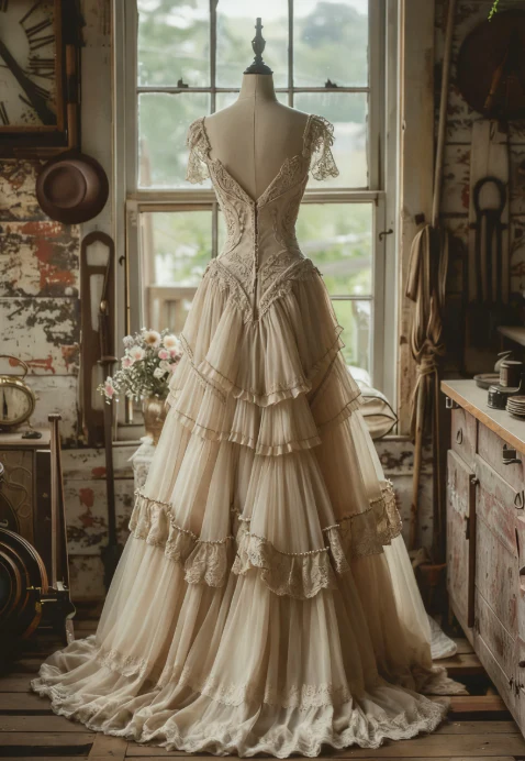 Robe de soirée élégante en mousseline et dentelle, coupe trapèze, style vintage, référence Y7720