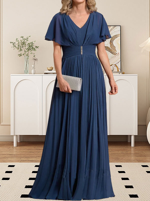 Vestido de gasa de corte A, escote en V, largo hasta el suelo, para la madre de la novia, con broche de cristal y pliegues. 