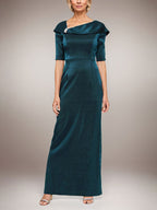 Robe longue fourreau scintillante avec revers à poignets et manches coudes 