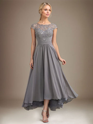A-line Scoop Illusion Asymmetrical Lace Chiffon Mother of the Bride Dress With Pleated