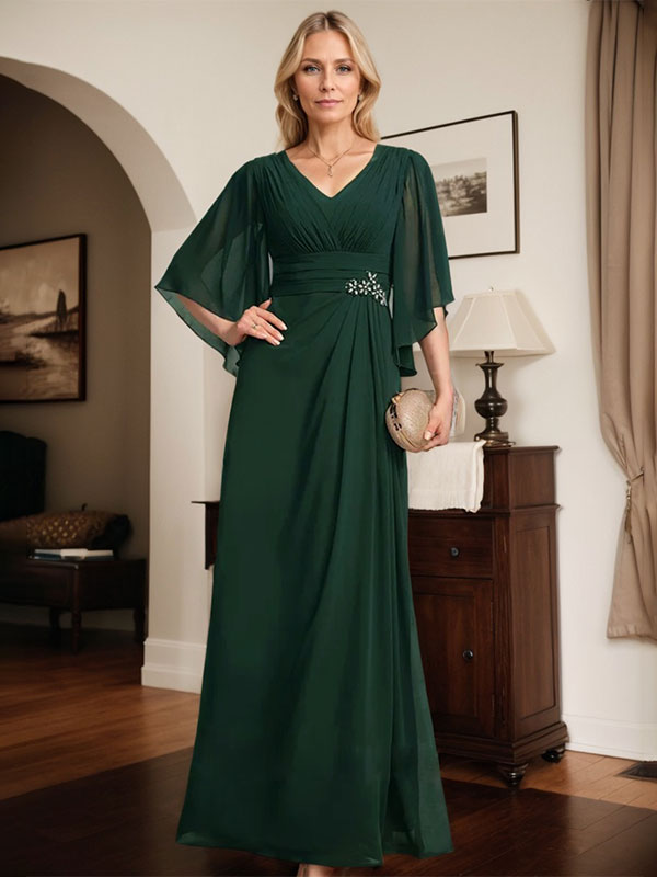 Vestido de corte recto/columna, escote en V, largo hasta el suelo, de gasa, para la madre de la novia, con lentejuelas plisadas y pedrería.