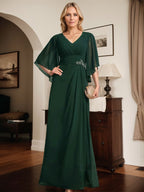 Vestido de corte recto/columna, escote en V, largo hasta el suelo, de gasa, para la madre de la novia, con lentejuelas plisadas y pedrería.