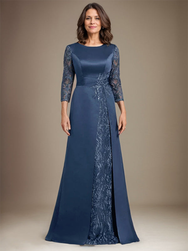 Vestido de novia de corte A, escote redondo, largo hasta el suelo, de satén de encaje, con apliques, para la madre de la novia. 