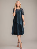 Vestido de corte A, escote redondo, largo hasta la rodilla, para la madre de la novia, con apliques y lentejuelas. 