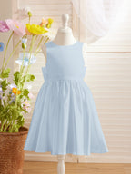 Elegante vestido de niña de las flores de satén con corte en A, espalda en V y lazo, hasta la rodilla 