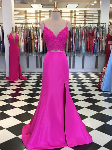 Robe de bal longue en satin fuchsia deux pièces, col en V, haut en dentelle sirène et fente, robe de soirée formelle en dentelle fuchsia Y1026