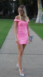 Vestido rosa brillante para baile de bienvenida, con hombros descubiertos y lentejuelas, modelo Y2132