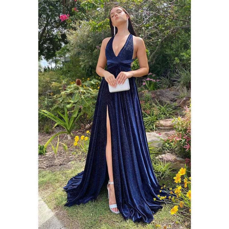 Plunging V-neck Velvet High Split Long Prom Dress