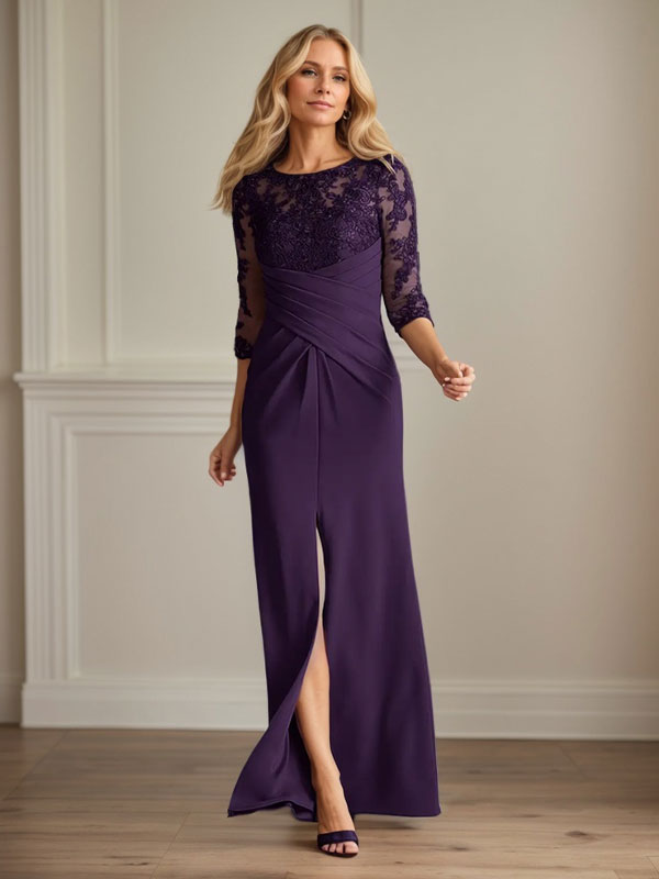 Vestido de madrina de la novia color ciruela, de encaje elástico y corte sirena. 