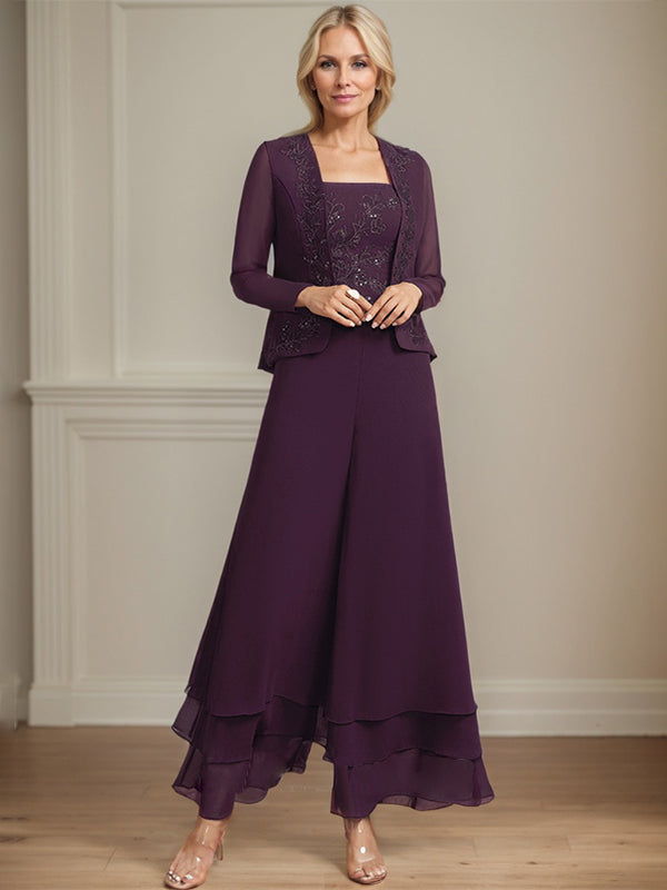 Conjunto de pantalón y chaqueta de dos piezas, corte cuadrado, largo hasta el tobillo, encaje, gasa, vestido de madre de la novia con lentejuelas 