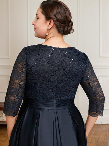 A-line V-Neck Floor-Length Satin Lace Mother of the Bride Dress With Sequins Bow