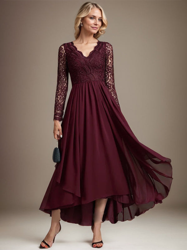 Vestido de novia de gasa con encaje asimétrico, escote en V y corte en A para la madre de la novia 