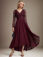 Vestido de novia de gasa con encaje asimétrico, escote en V y corte en A para la madre de la novia 