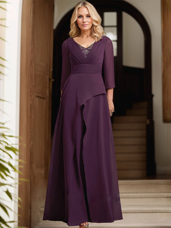 Vestido de gasa de corte A, escote en V, largo hasta el suelo, para la madre de la novia, con plisados ​​y cuentas.
