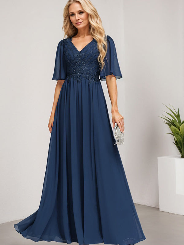 Vestido de novia de corte A, escote en V, largo hasta el suelo, de gasa de encaje con lentejuelas para la madre de la novia 
